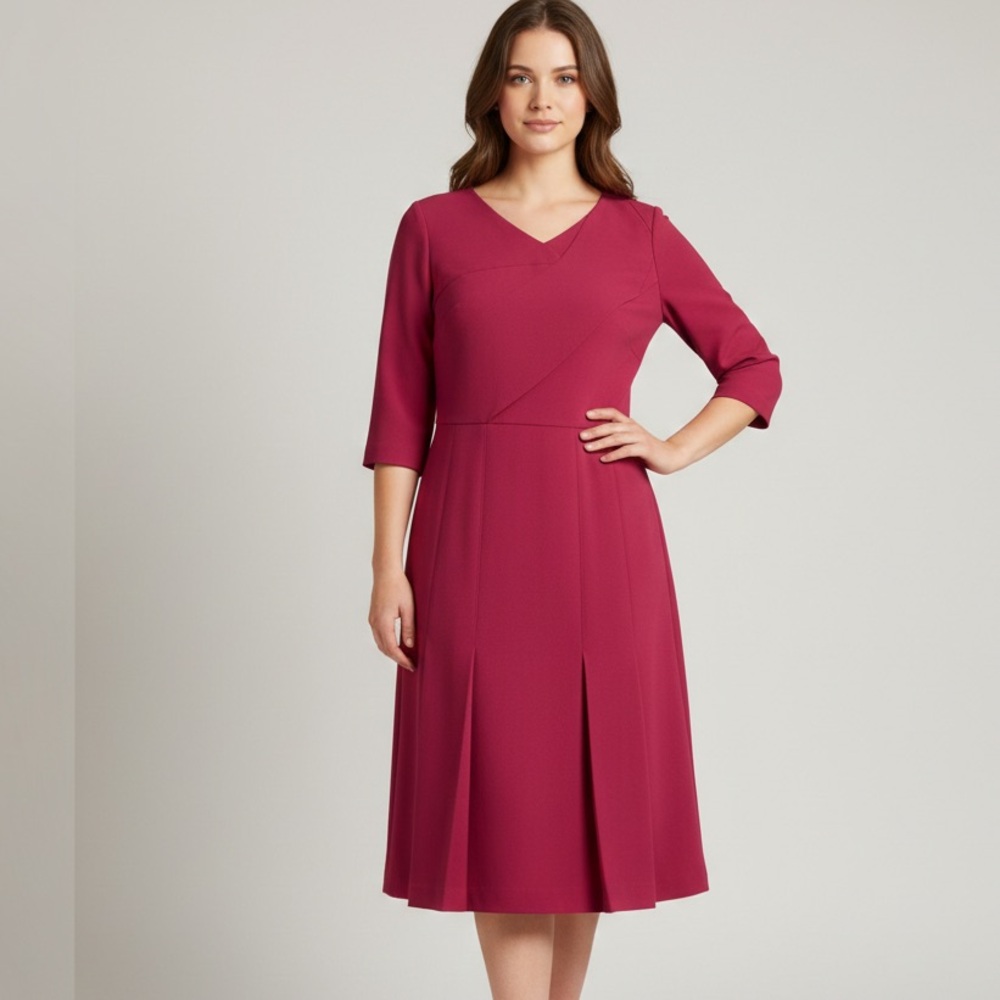 Carlisle Collection Magenta Wool V-Neck Pleated Midi Dress